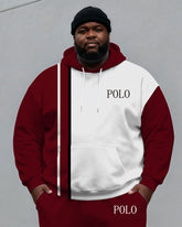Large Size Men's Autumn And Winter Warm Cold-proof Dark Red & White Contrast Color Small Label Printed Kangaroo Large Pocket Hoodie Sweatpants Set